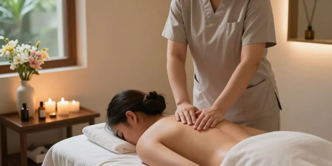 마사지 체험 중인 고객과 테라피스트의 편안한 순간입니다.
