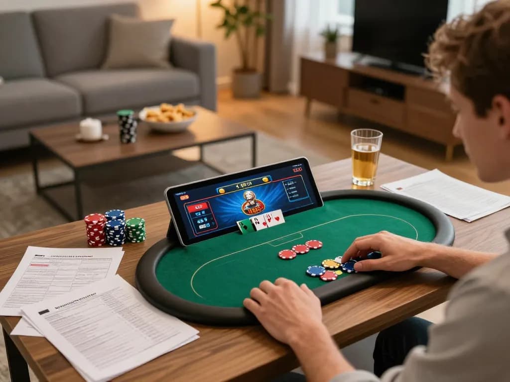 Engaged player strategizing in a topgamebai online poker game at home.