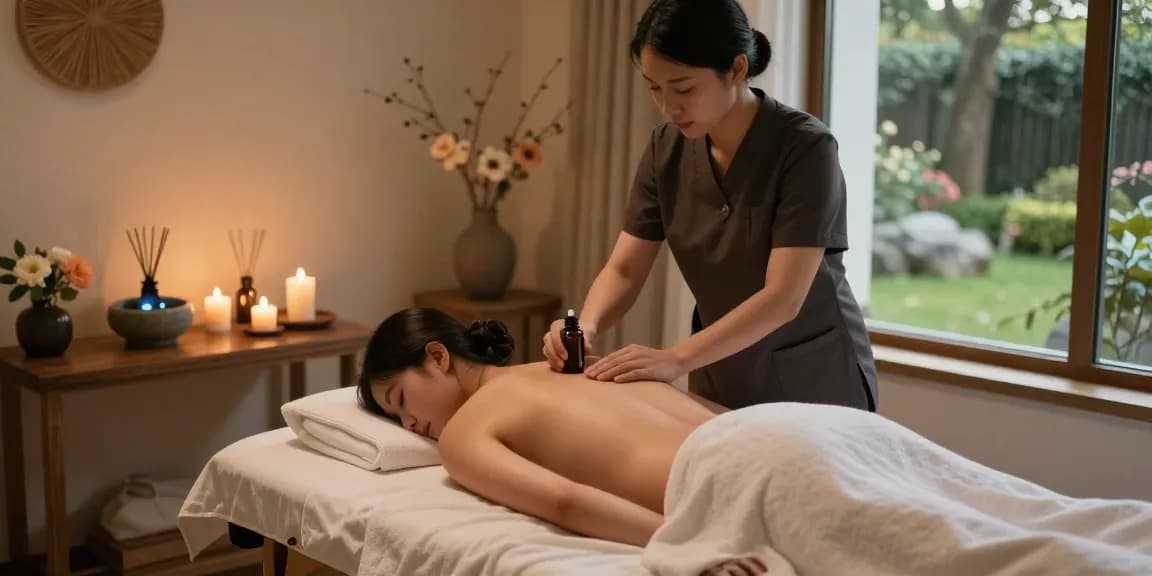 1인샵에서 아로마 오일을 사용하는 마사지 장면으로, 편안한 분위기의 요법 공간을 보여줍니다.