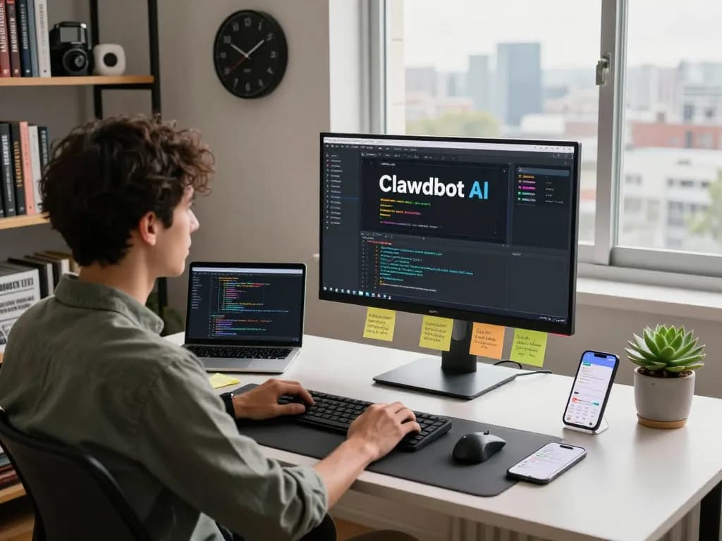 Engaged programmer using Clawdbot AI in a modern home office.
