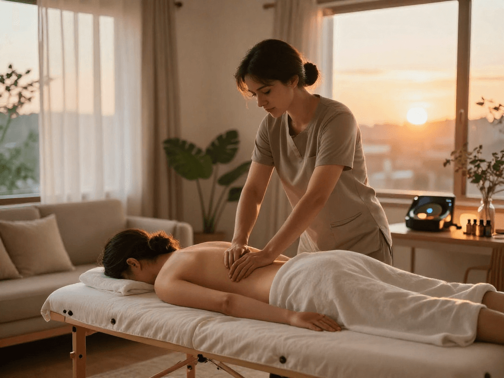 Experience soothing 은평구출장마사지 in a calming home environment with essential oils and natural light.