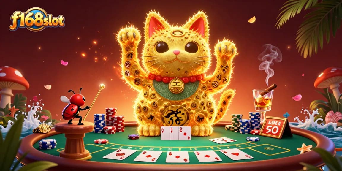 f168slot celebrates luck with a vibrant illustration of a lucky cat surrounded by poker symbols.