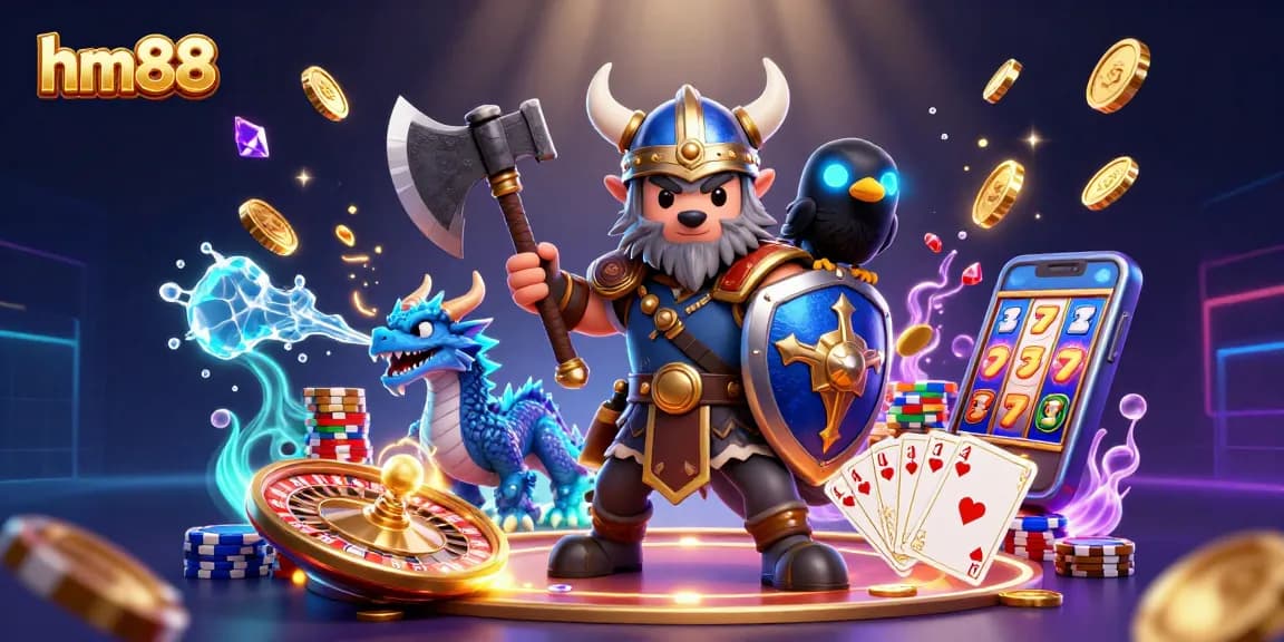 Experience big wins at hm88 with a vibrant 3D casino scene featuring a heroic Viking wolf and dynamic gaming elements.
