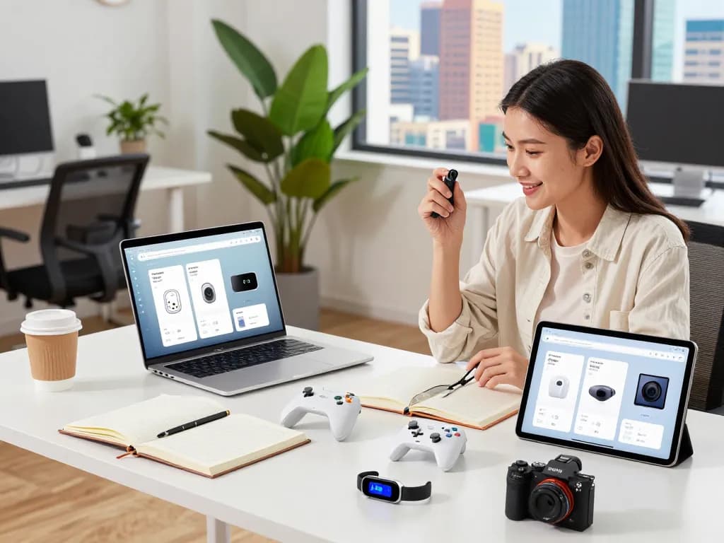 Innovative tech gadgets displayed in a modern workspace, showcasing Bluetooth devices like smartwatches and game controllers.