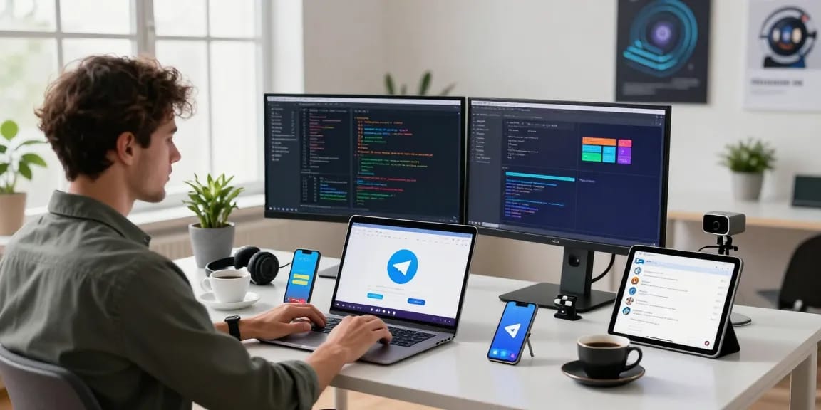 Download Telegram on a modern workspace with laptops showing the app interface and tech gadgets.