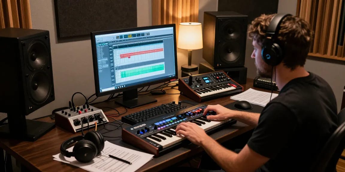 Musician using SC88 sound module in a vibrant music production studio setting.