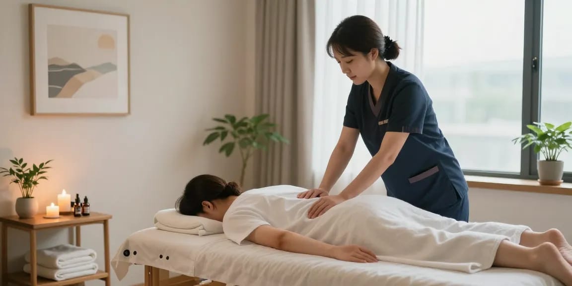 성남출장마사지 서비스를 받는 모습, 편안한 환경에서 관리사가 고객을 돌보고 있음
