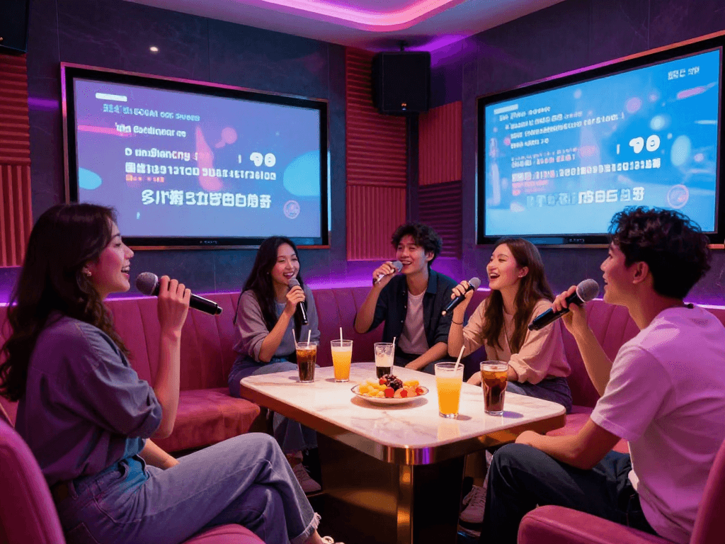gangnam-karaoke.kr에서 즐거운 친구들과 함께하는 고급 가라오케 룸 모습