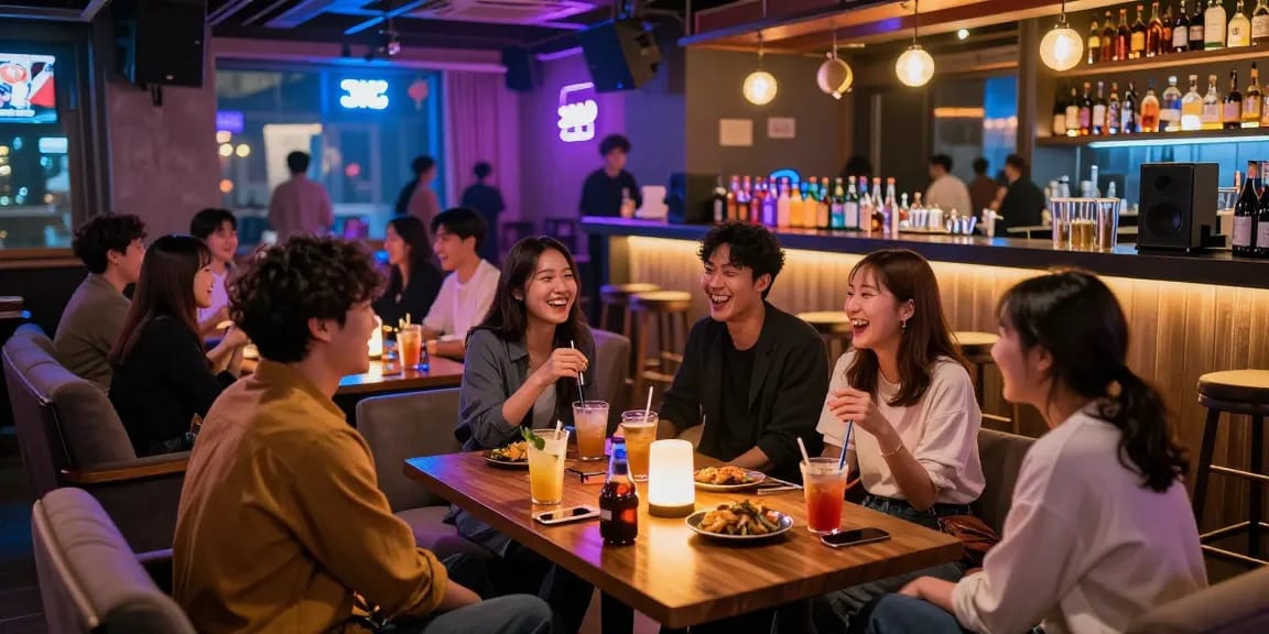 인천쓰리노에서 즐거운 시간을 보내는 친구들, 아늑한 실내와 생동감 있는 분위기.