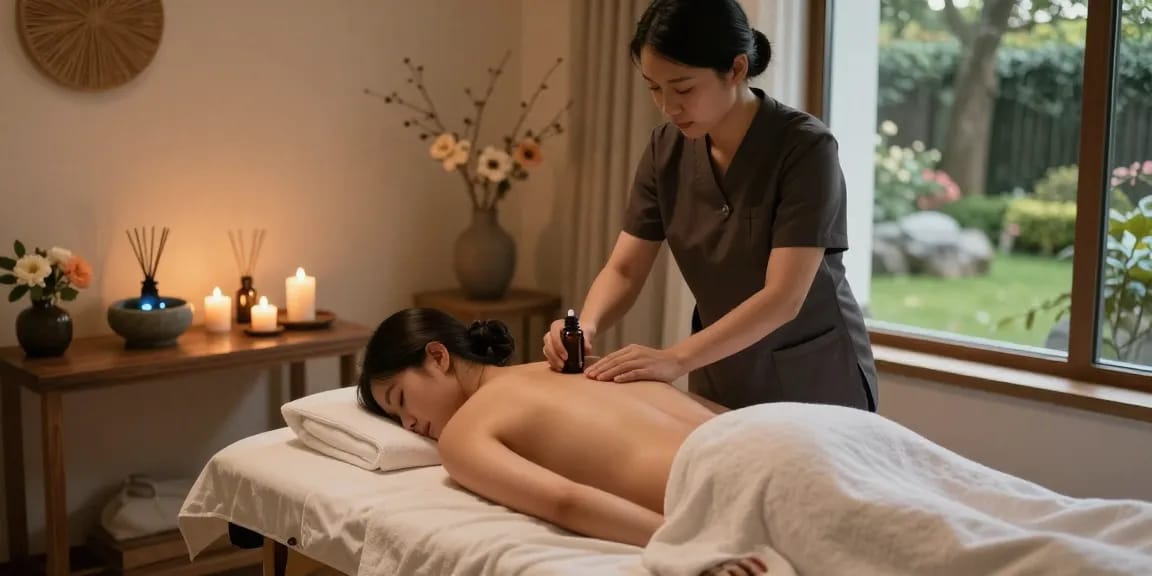 1인샵에서 아로마 오일을 사용하는 마사지 장면으로, 편안한 분위기의 요법 공간을 보여줍니다.