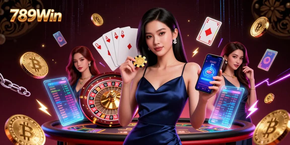 Win at 789Win with a glamorous Asian dealer showcasing casino excitement.