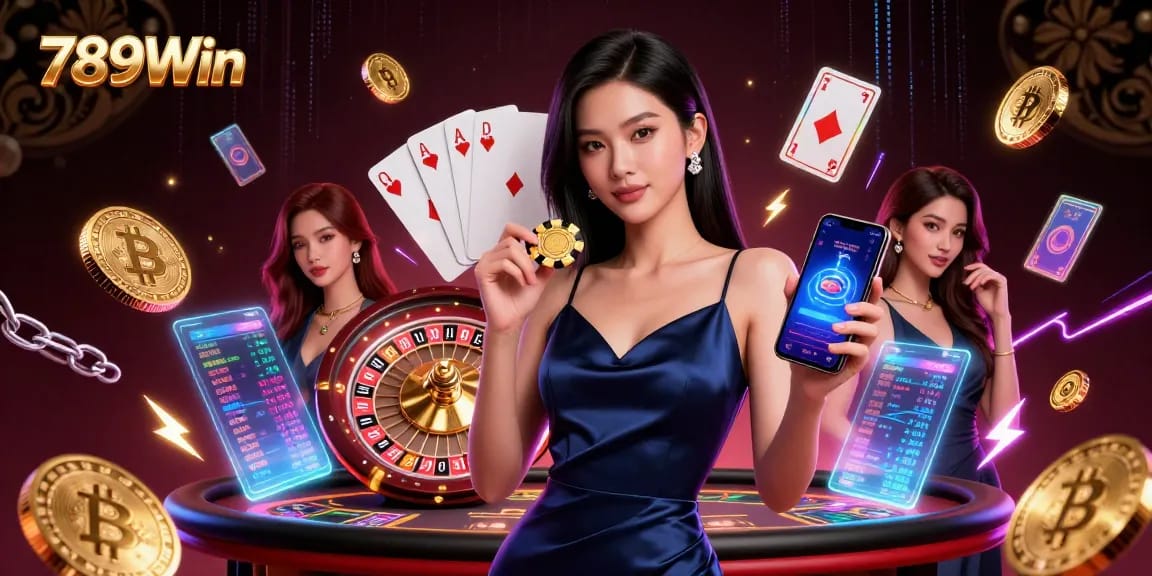 Win at 789Win with a glamorous Asian dealer showcasing casino excitement.