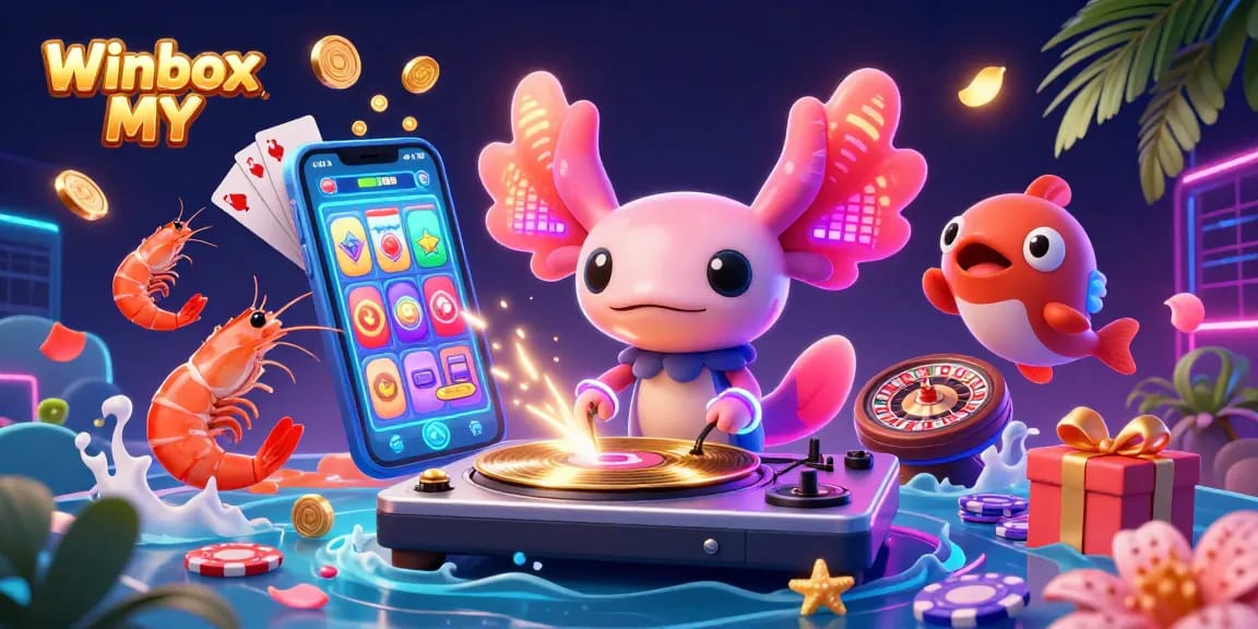 Experience the excitement of Winbox MY with vibrant casino gaming elements and lively characters.