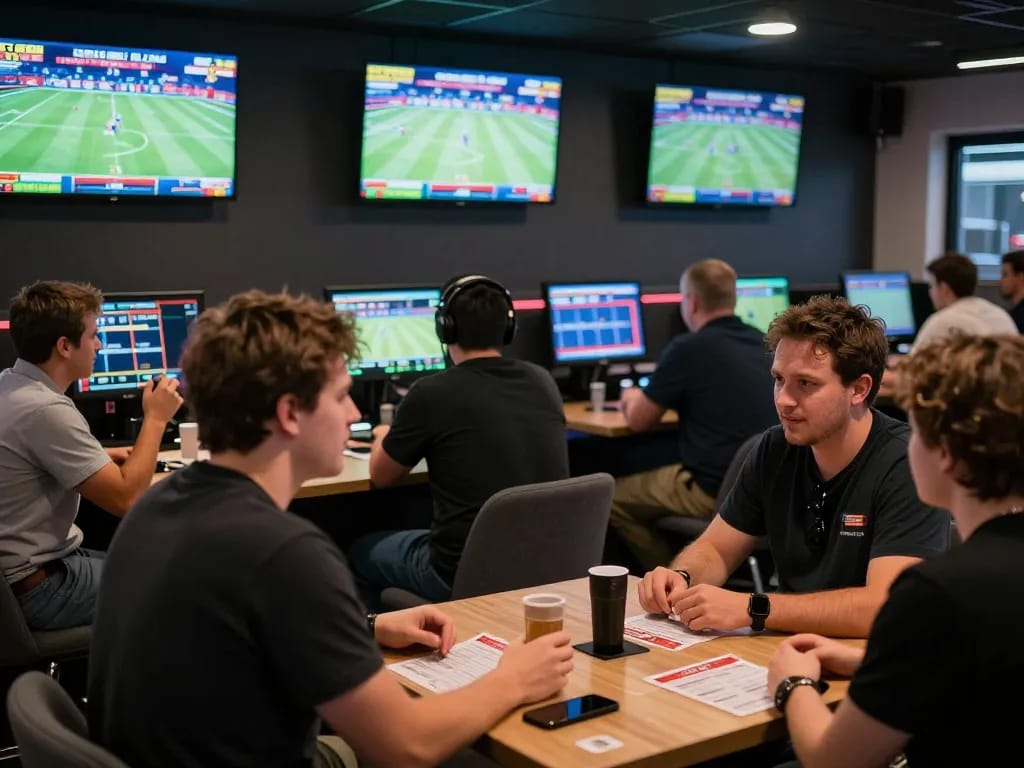 F168 sports betting lounge with active bettors placing wagers on live games.
