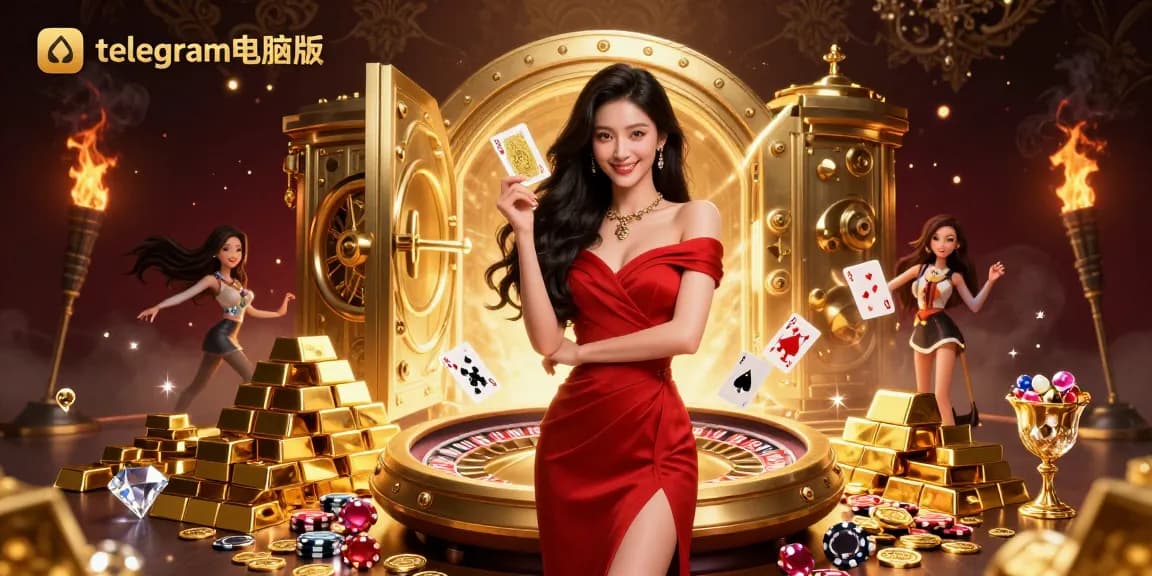与telegram电脑版互动,展现一位 stunning 的亚洲女性、金色轮盘和赌场财富。