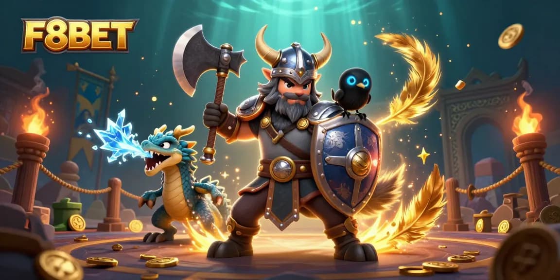 Experience thrilling gameplay at F8BET with a vibrant scene featuring a Viking warrior, fierce dragon, and glowing raven.