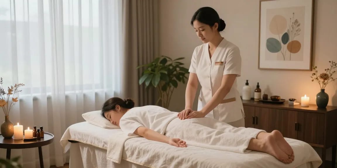 강남러시아출장에 적합한 아늑한 마사지 치료실의 모습, 편안한 분위기와 아늑한 조명으로 긴장을 풀어주는 공간