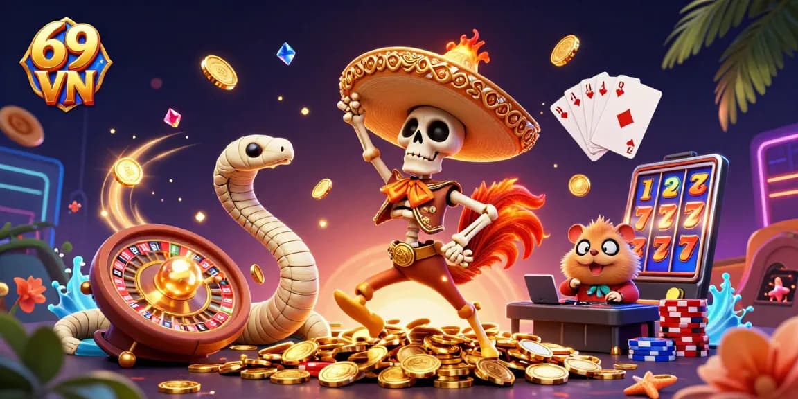 Spin and win with dynamic characters celebrating on golden coins at 69 VN casino.