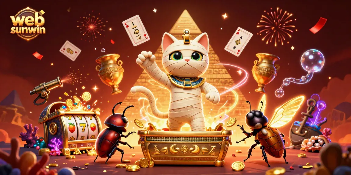 Experience the thrilling excitement of web sunwin with a mummy cat and casino elements in a vibrant 3D illustration.