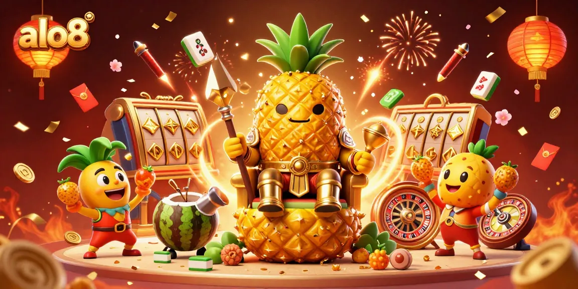 Win big at alo8 with a vibrant 3D casino scene featuring king pineapple and lavish game elements.