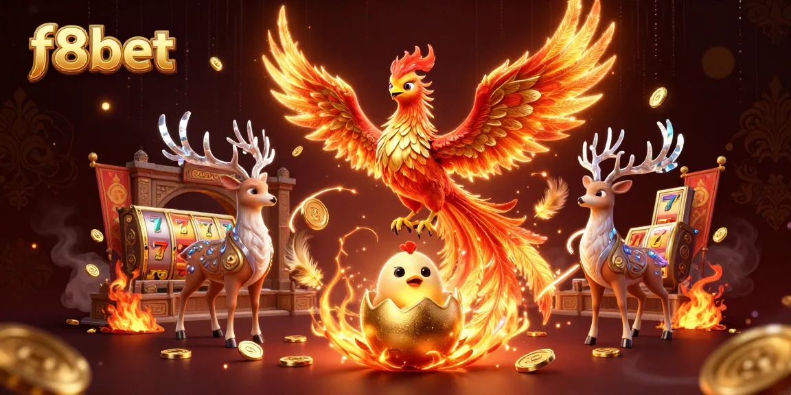 Experience the thrilling f8bet world with a phoenix, slot reels, and vibrant casino-themed elements.