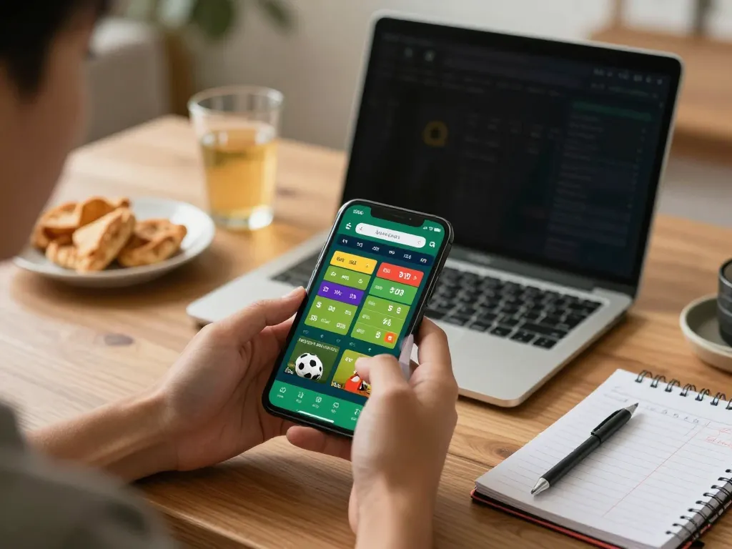Engaged gambler using a smartphone to track kèo nhà cái 5 betting odds in a cozy home setting.