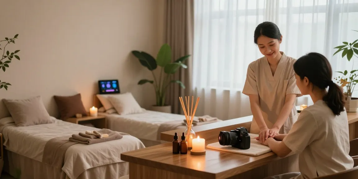 마사지와 아로마 오일이 있는 편안한 스파 환경