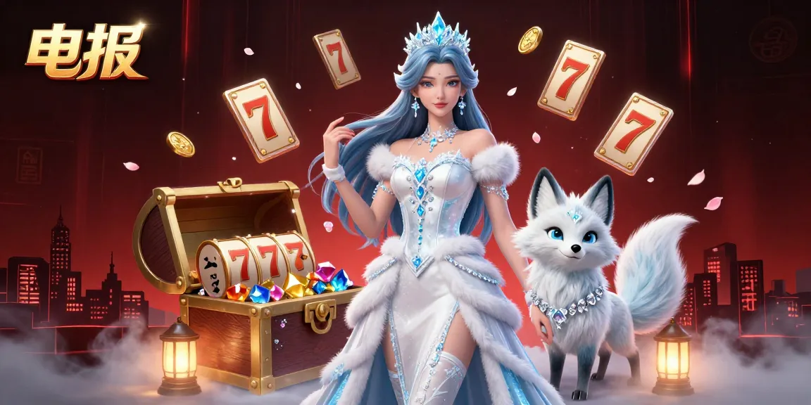 与电报的动态世界互动,展现一位高贵的冬季女王和北极狐,在充满老虎机转盘和金币的生动赌场场景中。