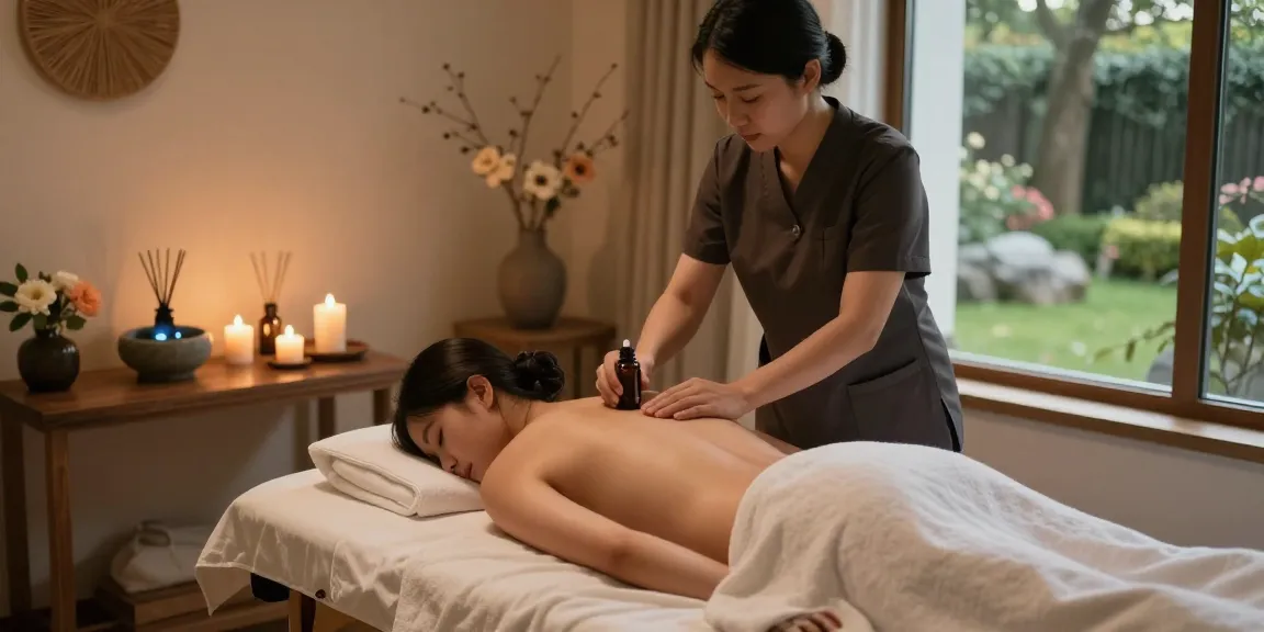 1인샵에서 아로마 오일을 사용하는 마사지 장면으로, 편안한 분위기의 요법 공간을 보여줍니다.