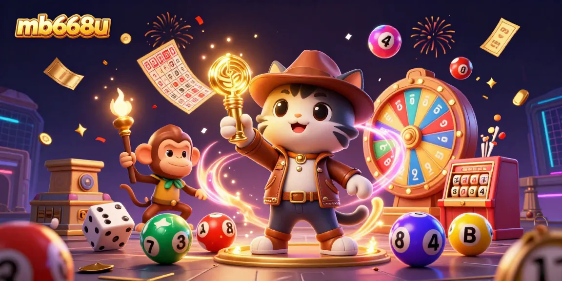 Win big at mb668u as an explorer cat and monkey uncover golden casino artifacts amidst colorful lottery balls.