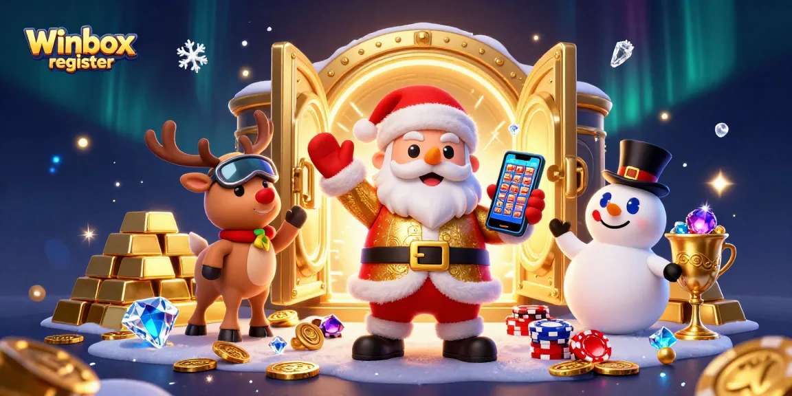Winbox register with festive characters enjoying jackpots and treasures in a vibrant casino scene.