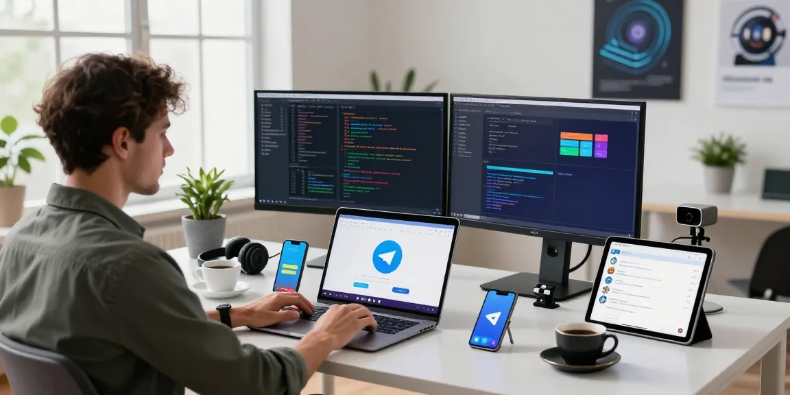 Download Telegram on a modern workspace with laptops showing the app interface and tech gadgets.
