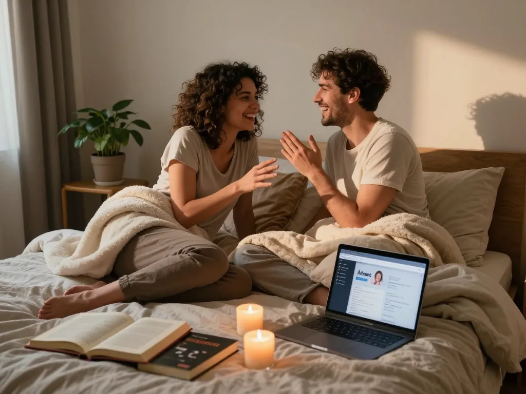 Couple exploring intimacy and connection through ai sex in a cozy bedroom.