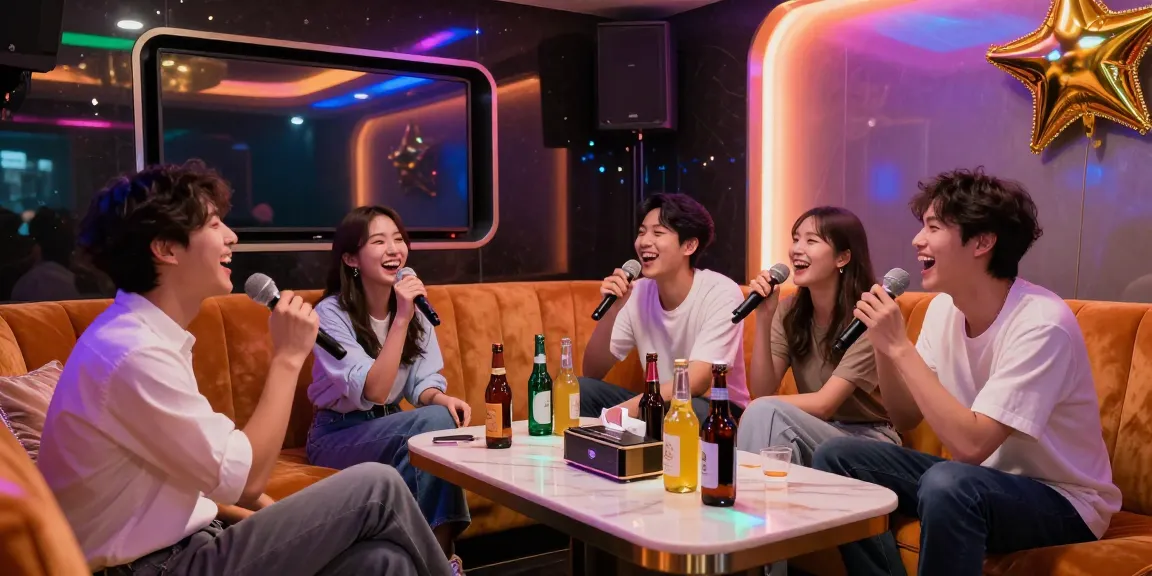 강남가라오케에서 친구들과 함께 노래하는 즐거운 모습과 프라이빗 룸의 화려한 조명