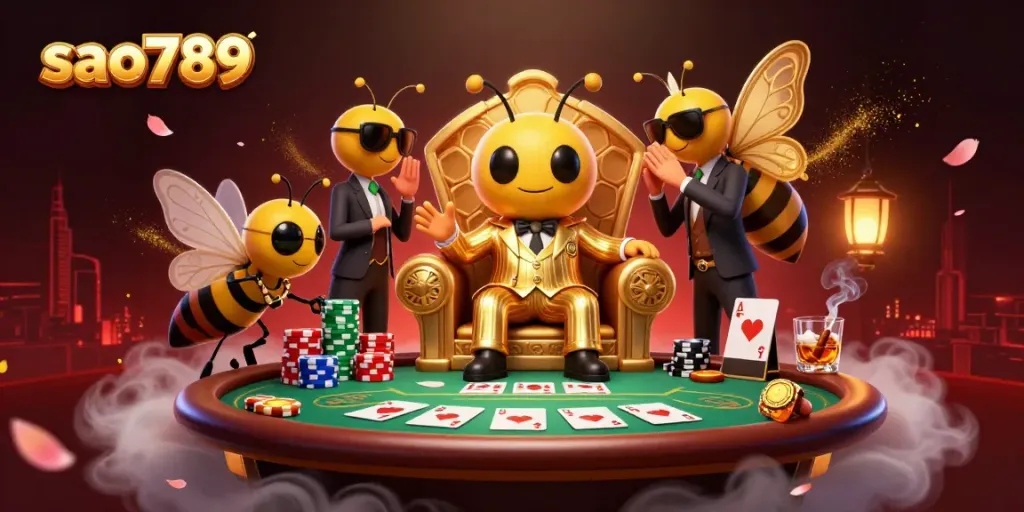Sao789 presents a vibrant illustration featuring a bumblebee mob boss at a poker table, embodying the casino gaming experience.