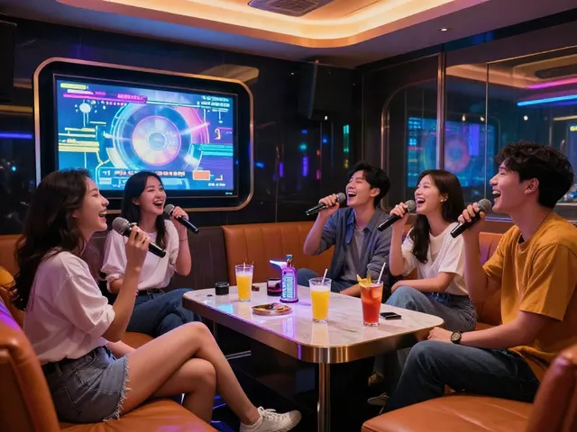 강남 달토에서 친구들과 즐거운 시간을 보내는 모습, 고급스러운 가라오케 환경을 강조