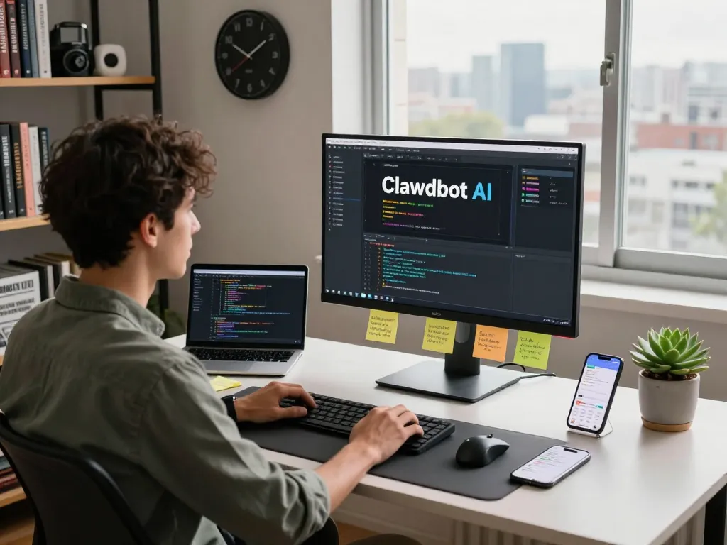 Engaged programmer using Clawdbot AI in a modern home office.