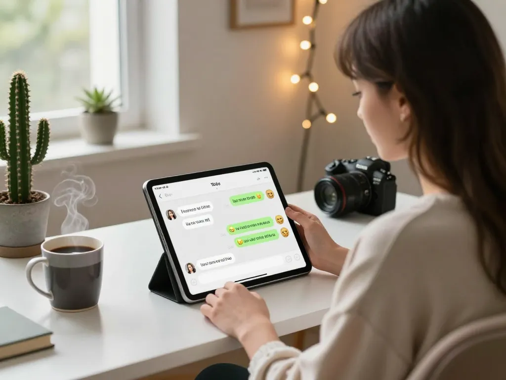 Engaging interaction with a girlfriend ai on a tablet in a cozy home office setting, portraying warmth and connection.