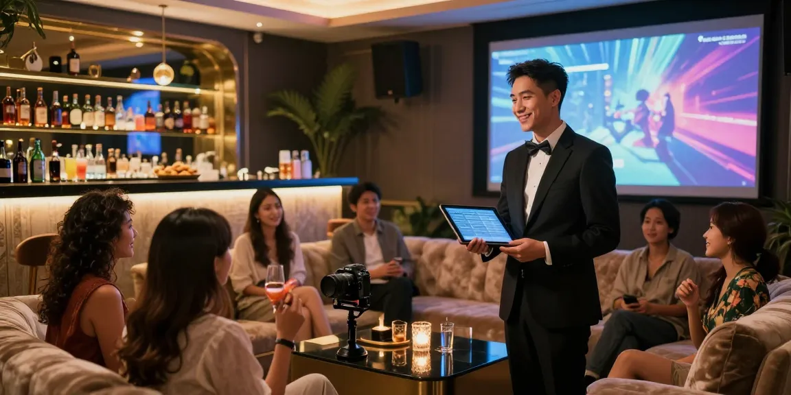 강남쩜오의 프리미엄 가라오케 룸에서 호스트가 고객을 맞이하는 모습, 고급 음료와 아늑한 좌석이 돋보입니다.