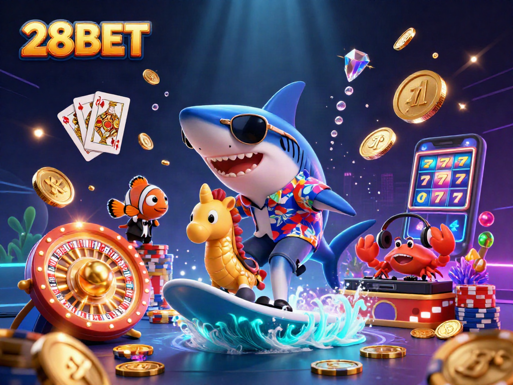 Experience thrilling action with 28BET as a shark, clownfish, and crab create a vibrant casino scene.