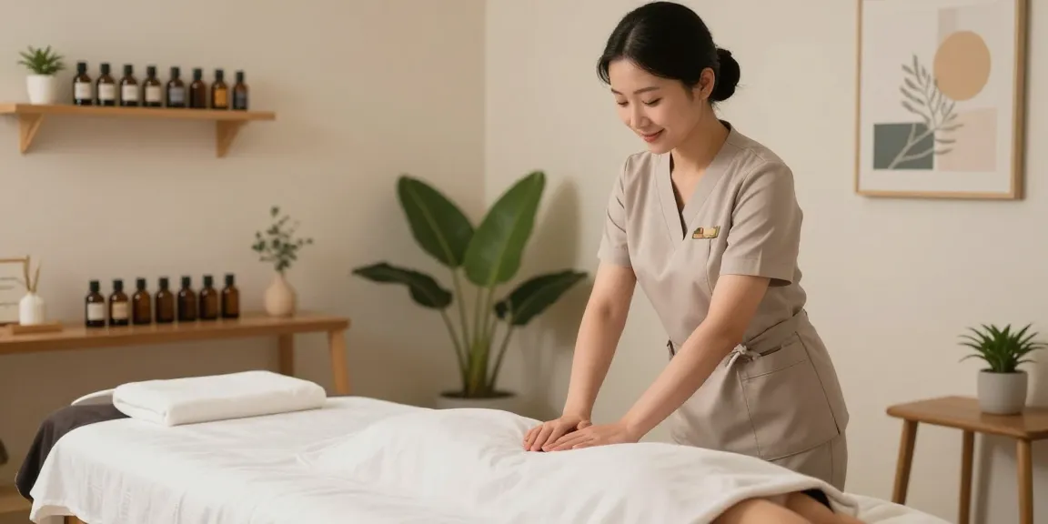 마포출장안마 전문 관리사가 편안한 마사지 공간에서 고객을 맞이하기 위해 준비하는 모습