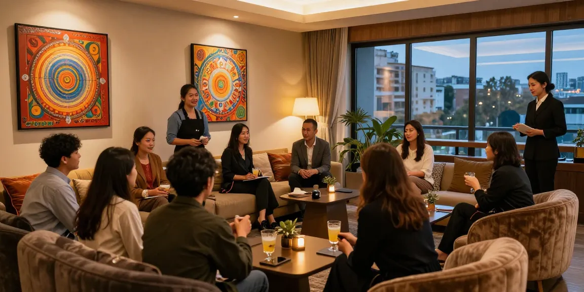 Vibrant lounge atmosphere at an op사이트 with plush seating and warm lighting.