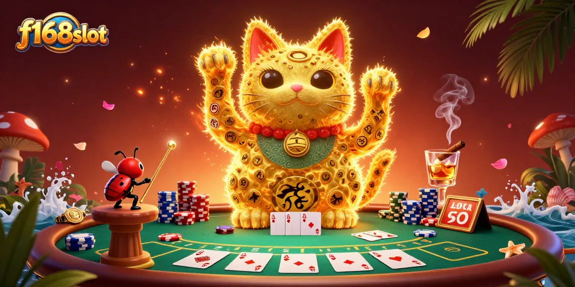 f168slot celebrates luck with a vibrant illustration of a lucky cat surrounded by poker symbols.