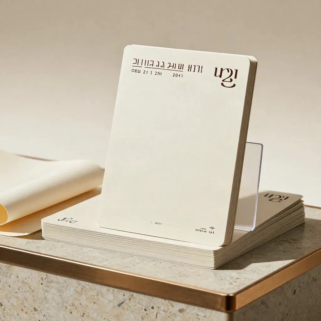 트라버틴 받침 위 아이보리 채권 안정 배분 팩과 보조 카드, 반투명 디바이더가 빛을 받는 장면