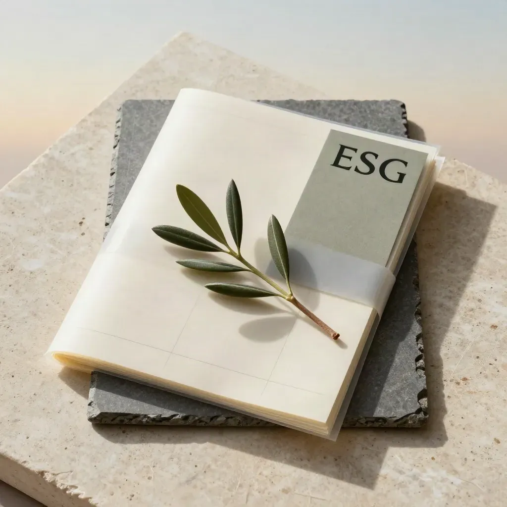투명 종이에 감싼 ESG 포트폴리오 세트와 올리브 가지가 석판 위에 놓인 오버헤드 플랫레이