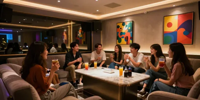 강남유앤미의 세련된 분위기와 현대적인 인테리어가 돋보이는 가라오케 공간