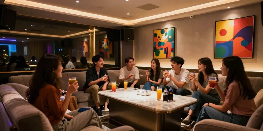 강남유앤미의 세련된 분위기와 현대적인 인테리어가 돋보이는 가라오케 공간