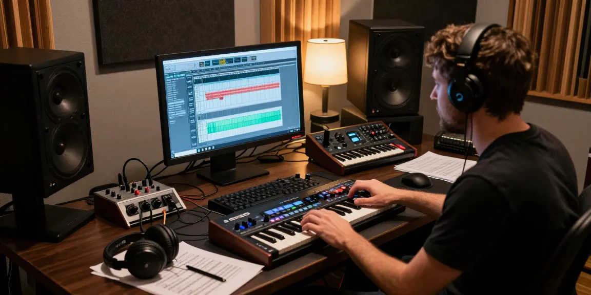 Musician using SC88 sound module in a vibrant music production studio setting.