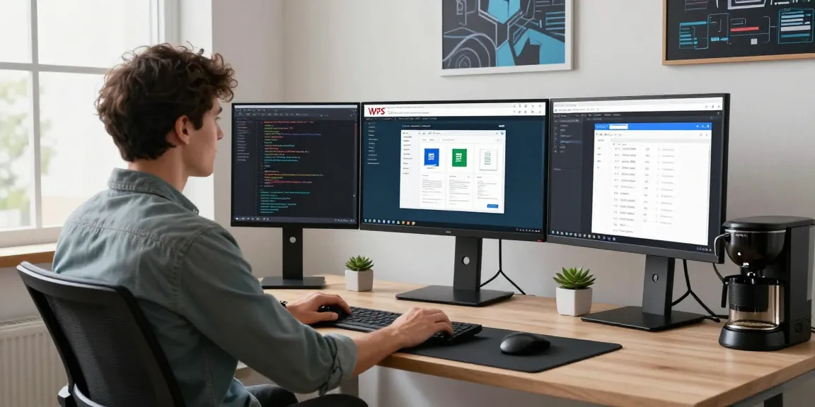Workspace showcasing WPS Official Website with multiple screens and productive atmosphere