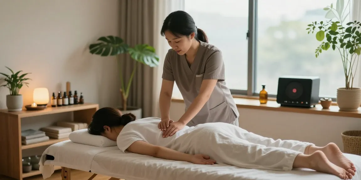 인천출장안마을 받으며 편안한 분위기 속에서 편안하게 이완되는 고객과 마사지 치료사 모습